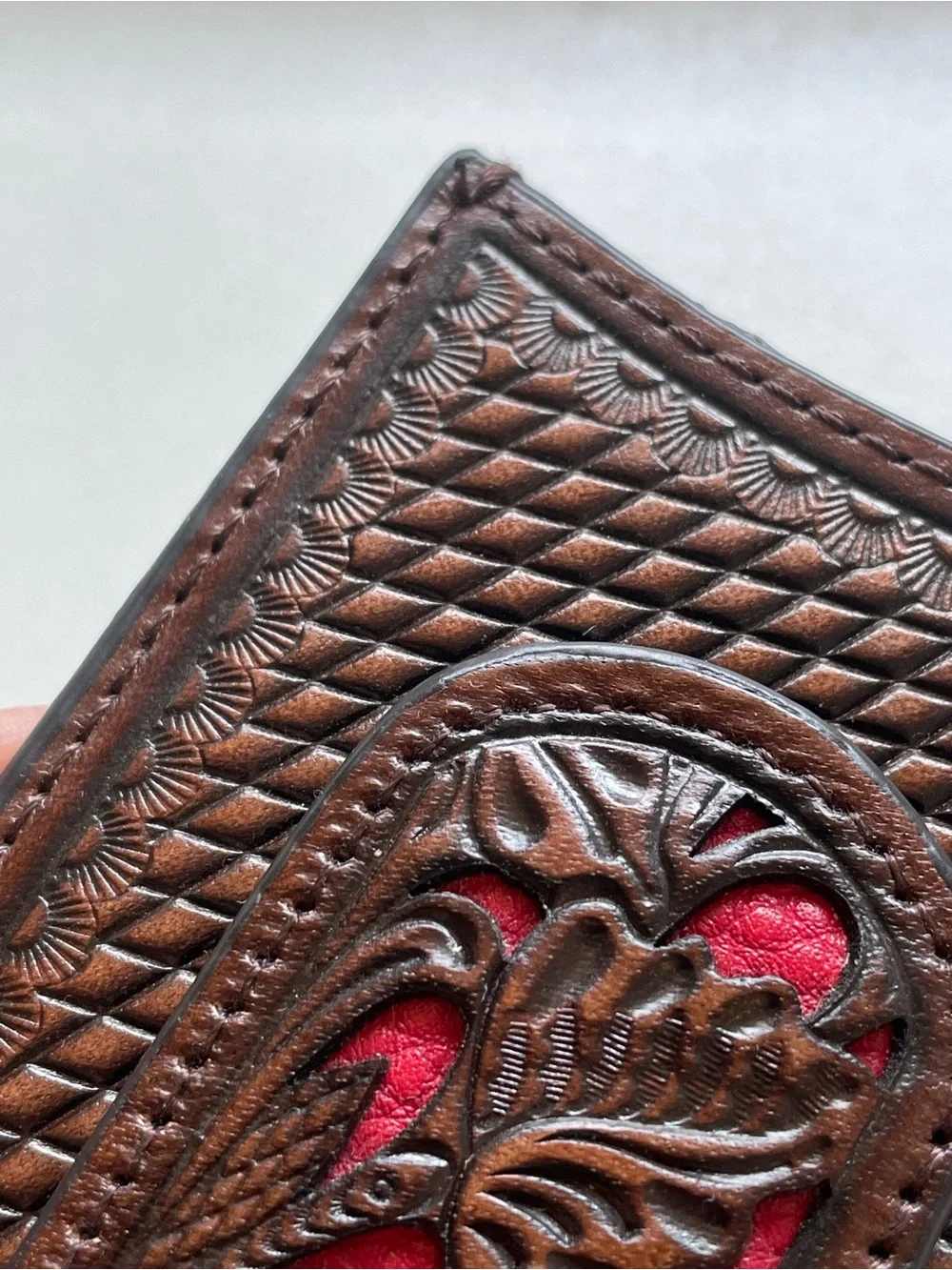 Nocona Men’s Red and Brown Floral Tooled Leather Magnetic Money Clip Wallet